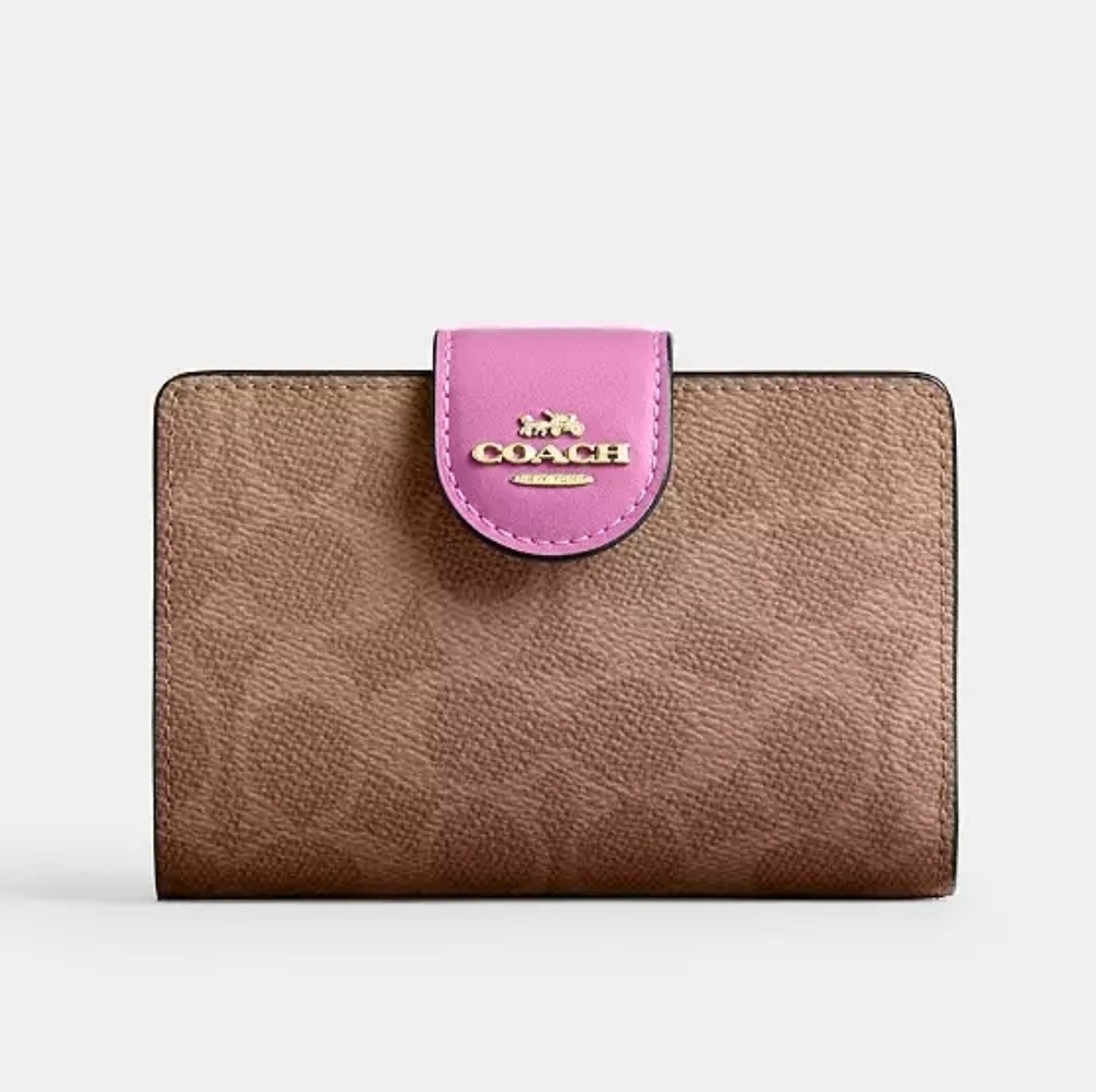 *NWT* COACH Pink & Tan Medium Corner Zip Wallet In Signature Canvas